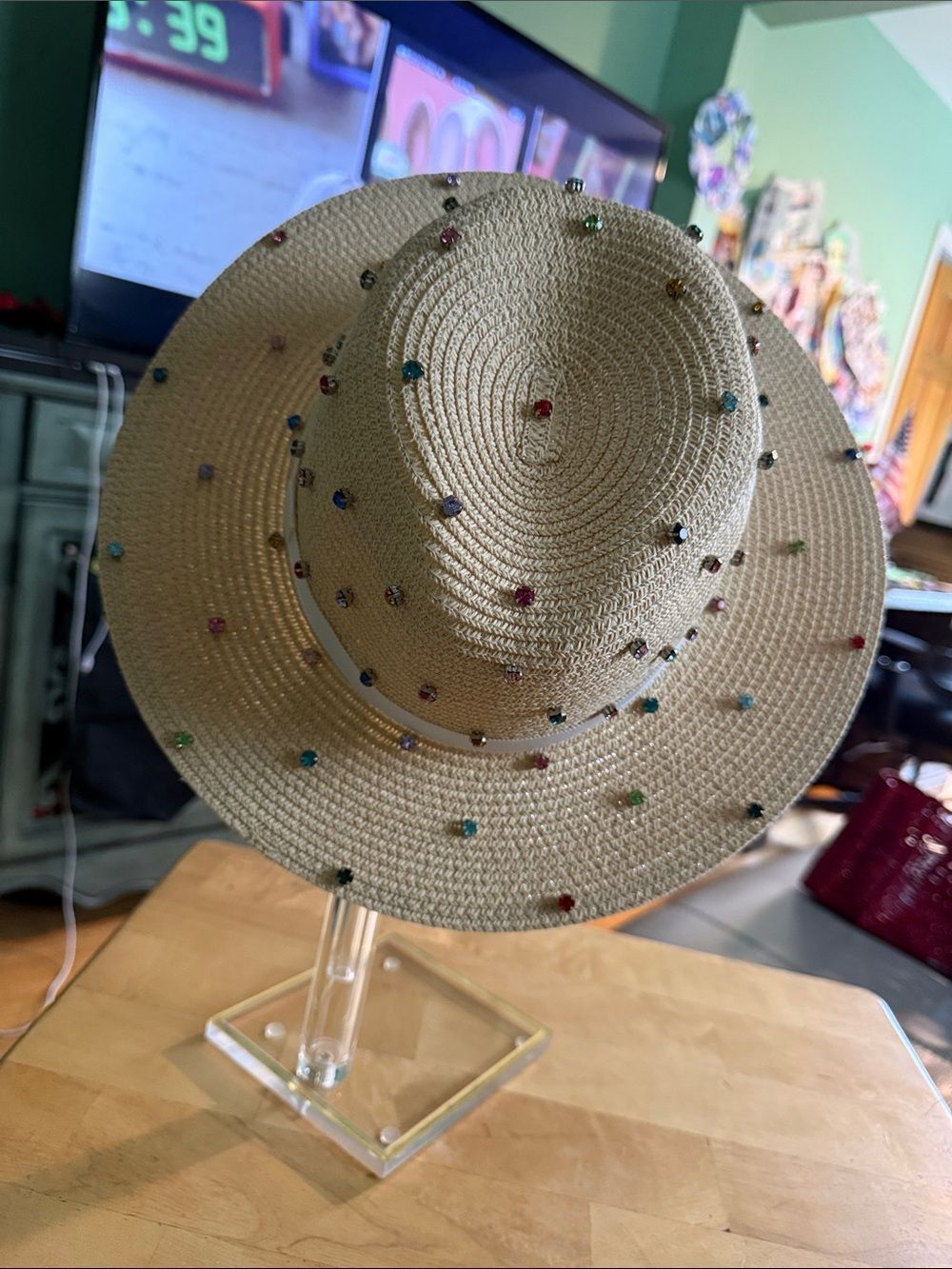 Beige Straw Sun Hat with Multicolor Bead Accents from Bitsandpiecestogo